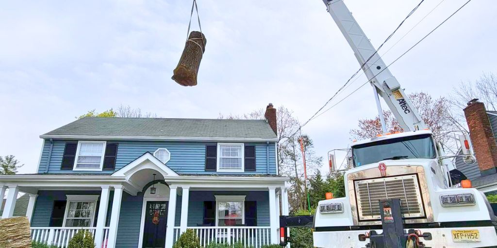 The Alpine Tree crane lifts a log over a house during tree removal in Mendham, NJ.