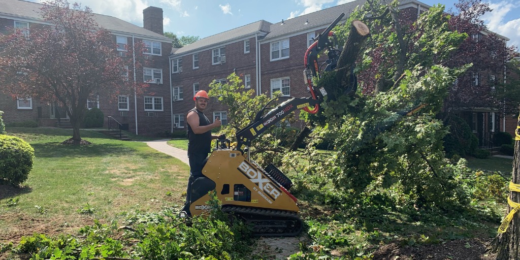 A member of the Alpine Tree team using a skid steer to remove downed branches after a storm in Mendham Park, NJ.