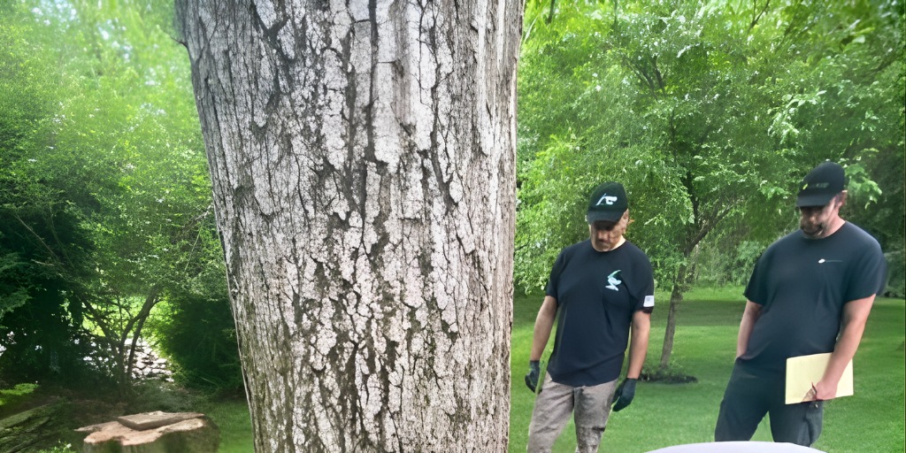 Two Alpine Tree Service crew members in black uniforms walk alongside a large mature tree on a residential property while carrying a clipboard.