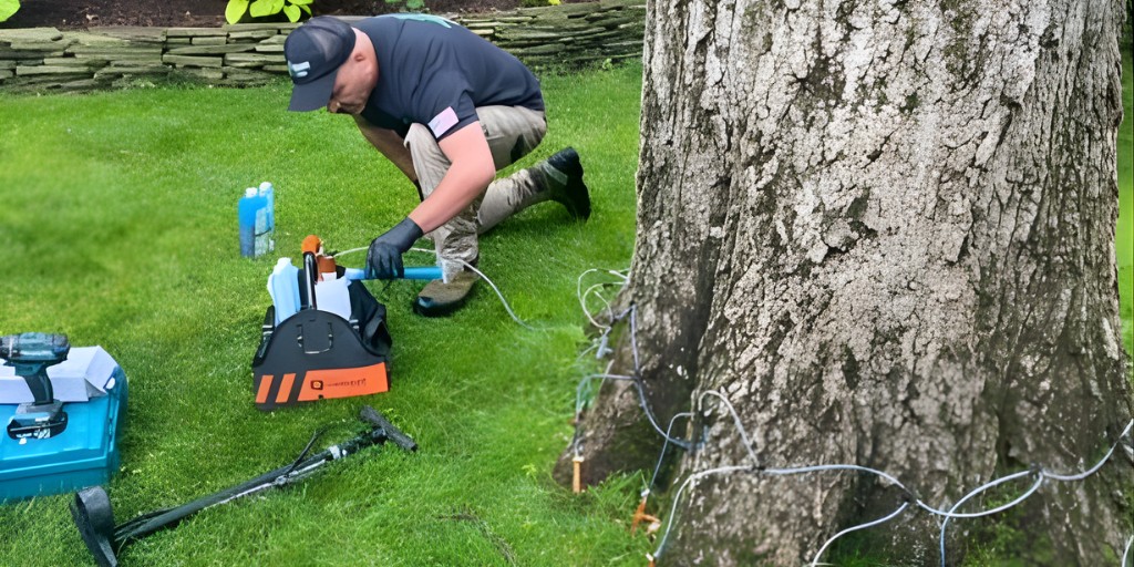A tree care professional kneeling beside a large beech tree trunk with injection equipment, preparing to administer Arbotect 20-S treatment at the root flare.