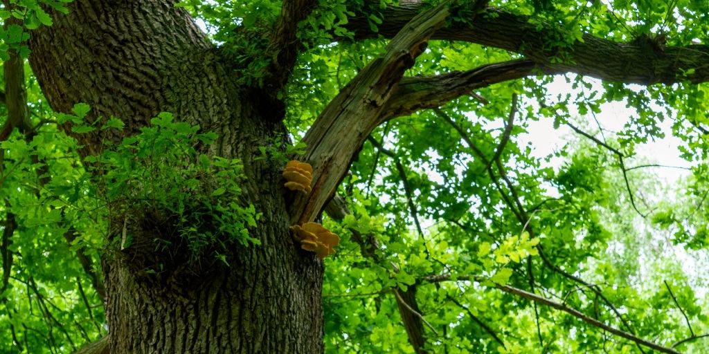 Mushrooms on a broken section of a tree with green foliage.