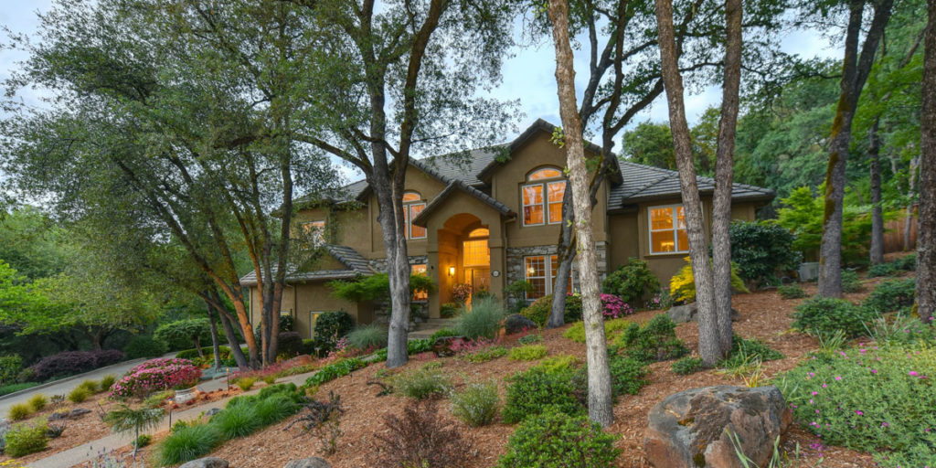 A home surrounded by trees, plants, and mulch during the summer months