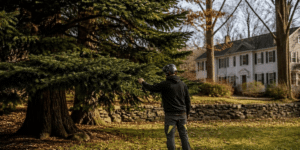 Arborist inspecting the branches of a mature hemlock on a New Jersey property in late fall before fall tree pest treatment