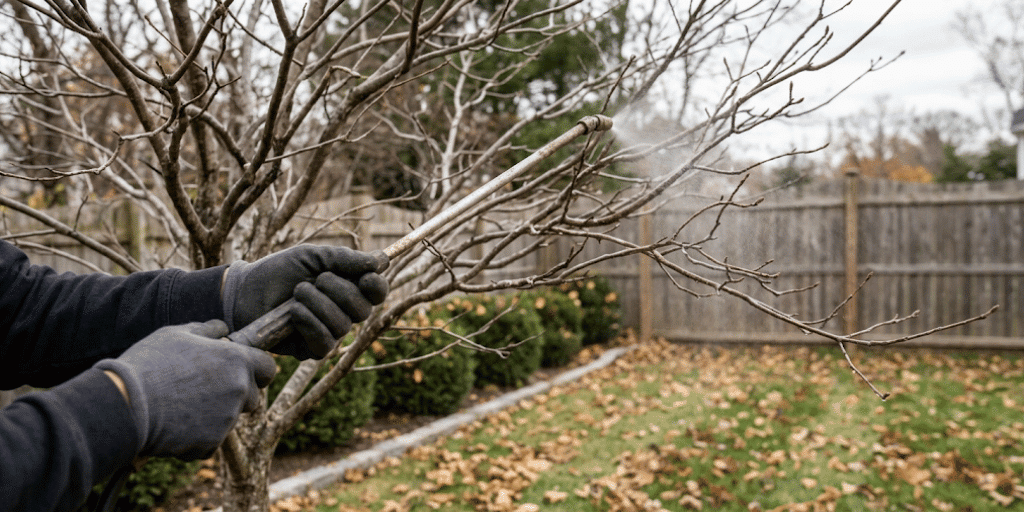 The treatment window is set by air temperature, and it stays open until readings drop below 40°F and stay there. Arborist spraying dormant oil on an ornamental tree during fall tree pest treatment in NJ